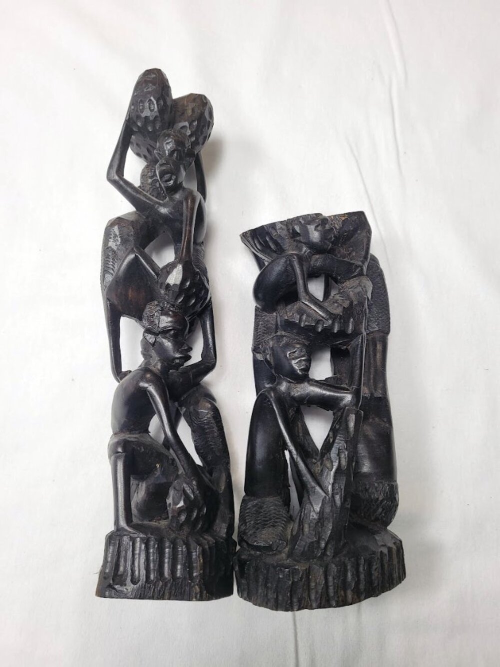 Vintage Hand Carved Wood Figurine Sculptures – Set of 2 – Tribal Style Decor
